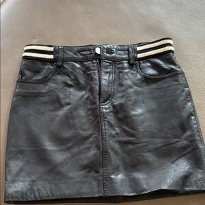All Saints Black Leather Mini Skirt with Cream Striped Waistband